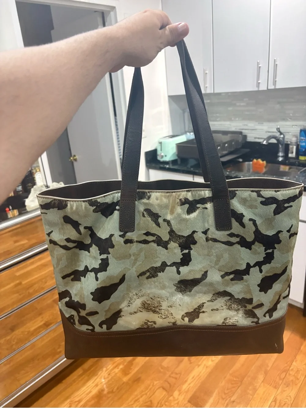 UGG Leather-Trim Pony Hair Camouflage Tote Bag in Brown